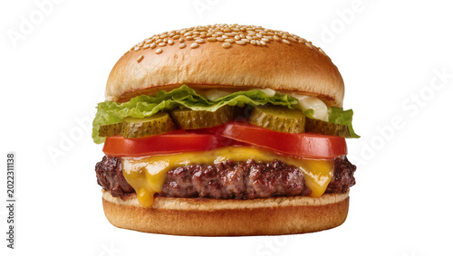Fotografi Isolated classic cheeseburger with fresh ingredients and sesame seed bun, stacke