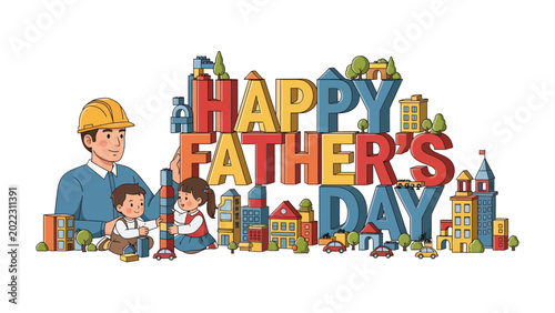 Obraz na plátně Joyful Father's Day Celebration: A heartwarming scene unfolds as a father and his children joyfully celebrate Father's Day, surrounded by vibrant illustrations of a cityscape