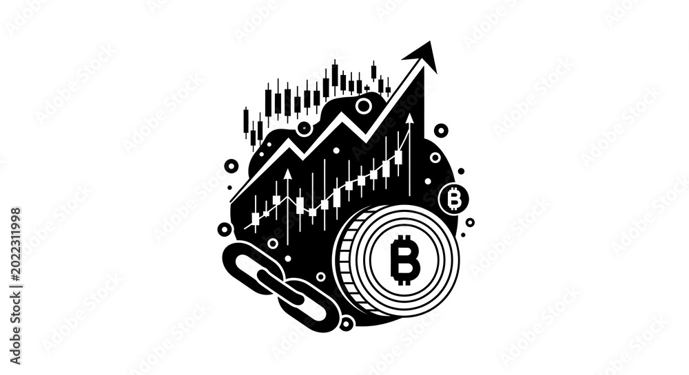 Fototapeta premium Bitcoin and stock market graph with rising trend and blockchain link