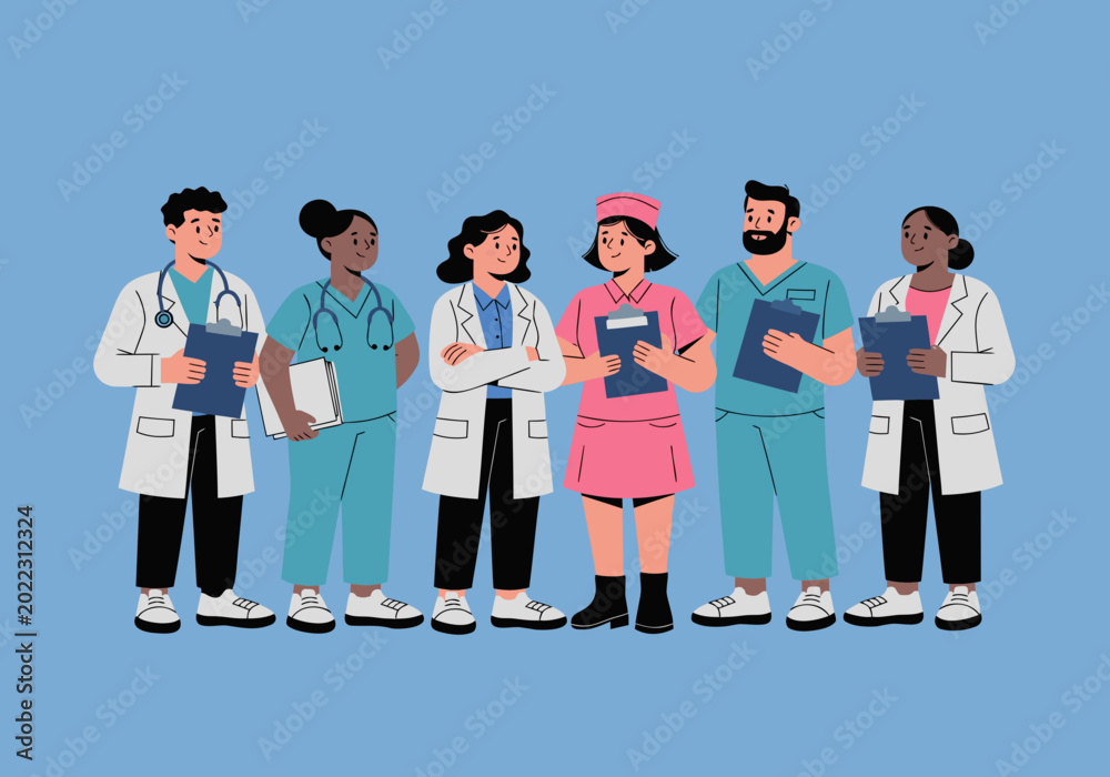 Obraz premium A flat vector illustration of a diverse healthcare team featuring six medical professionals standing together. The group includes doctors in white lab coats, nurses in teal scrubs and a pink uniform.