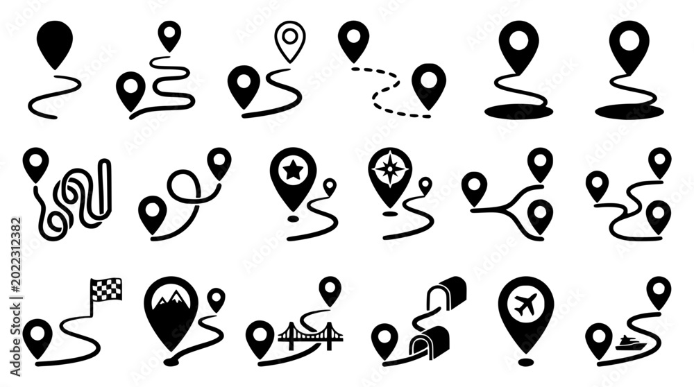 Obraz premium Black and white map pin icons with various symbols and paths