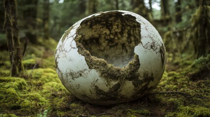 The remnants of a dinosaur egg shell placed in a forest, from which a dinosaur has hatched, leaving behind only the shell of the egg.