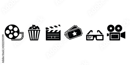 Black cinema reel popcorn tickets 3d glasses and camera in white background