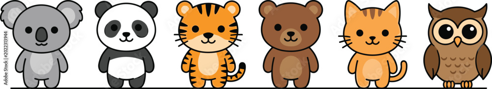 Obraz premium Cute Kawaii Baby Animals Vector Character Set with Happy Cartoon Koala Panda Tiger Teddy Bear Cat and Owl Icons for Kids Nursery Graphics