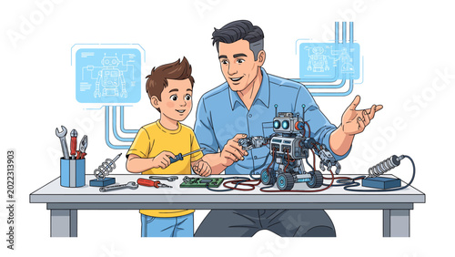 Fotografía Father and Son Robot Building: An illustrative portrayal of a father and son bonding over a shared interest in robotics, engrossed in the hands-on process of constructing a robot