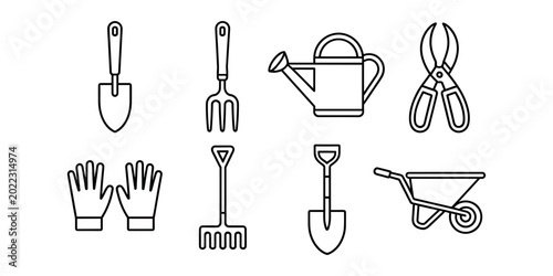 Photos Set of black outline garden tools including trowel fork watering can pruners glo