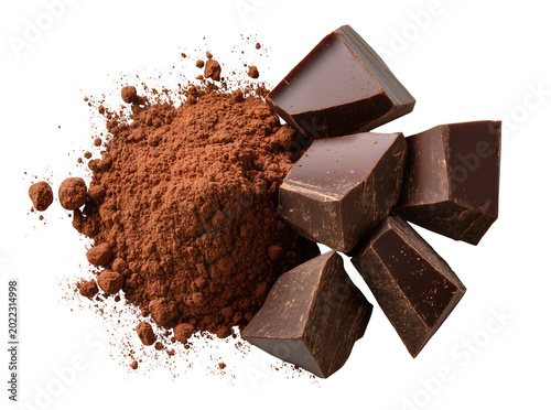 Quadro su tela Isolated dark chocolate chunks and rich cocoa powder, sweet delicious dessert ingredients