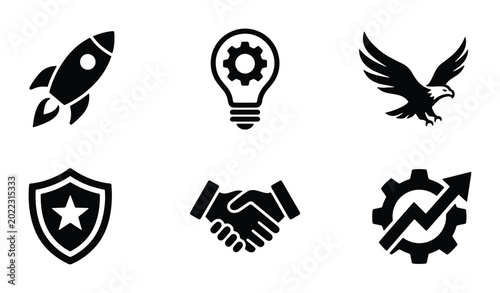 Business Icons Set: Rocket, Lightbulb Gear, Eagle, Shield, Handshake, Growth Chart, Vector Graphics for Startup, Innovation, Security, Partnership, Finance