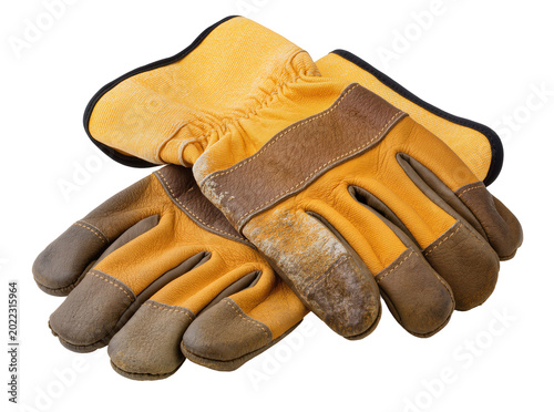 Φωτογραφία Isolated pair of well-worn leather work gloves for construction and industrial p
