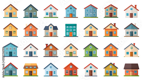 Flat vector icon set of residential buildings including house, apartment, condo, villa, mansion, cottage, studio, and townhouse. Ideal for real estate and UI use
