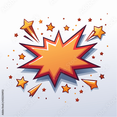 Explosive Visual: Dynamic burst of energy radiating outward, illustrated in a vibrant explosion with bold colors and stars, perfect for conveying excitement and impact.