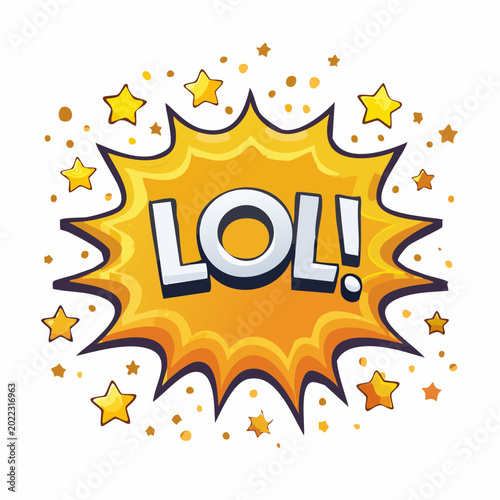 Comic LOL Burst: A vibrant comic illustration captures the essence of laughter with an energetic LOL! displayed within a dynamic burst, surrounded by stars and playful design elements. 