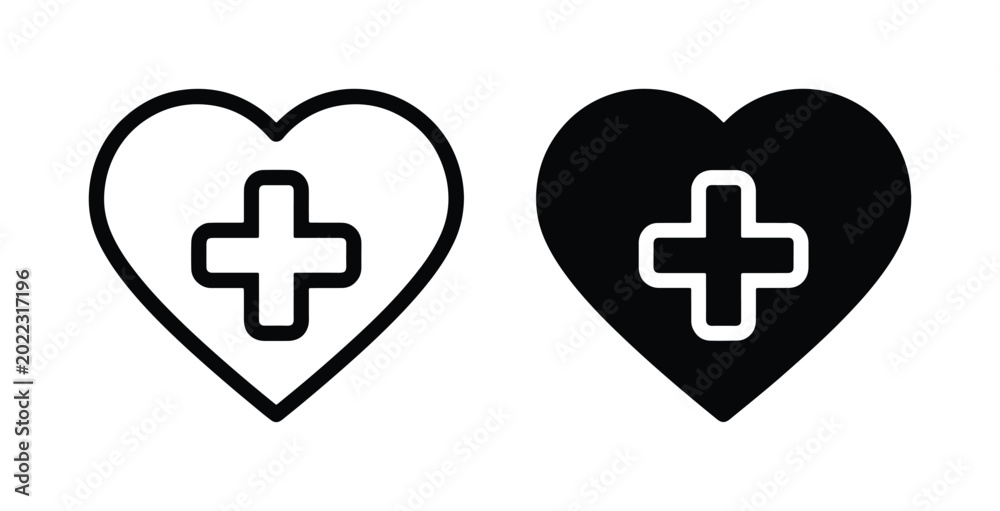 Fototapeta premium Heart Health Icons, Medical Cross Symbol, Cardiology Care Graphics, Healthcare Clinic Signs, Vector Set