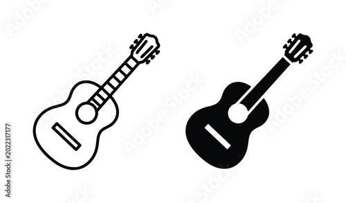 Schilderij op canvas Acoustic Guitar Icons, Simple Line Art and Solid Silhouette Vector Graphics for
