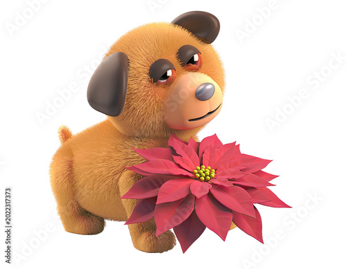 Cute cartoon puppy holding a red poinsettia flower