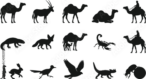 Photography Black silhouettes of desert animals and mythical creatures, including camels, bi