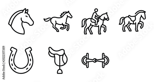 Quadro su tela Horse Riding Icons Set, Equestrian Equipment Vector Graphics, Horse Head, Saddle