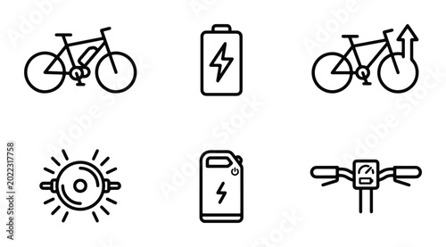 Bild auf Leinwand Electric Bicycle Icons Set, E-bike Components Vector Graphics, Sustainable Trans