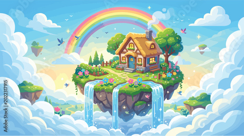Whimsical fantasy house, floating island, rainbow, waterfalls, cartoon landscape, colorful illustration, dreamy scenery