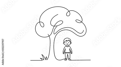 Fotografie Continuous line drawing of a small boy standing under a large tree
