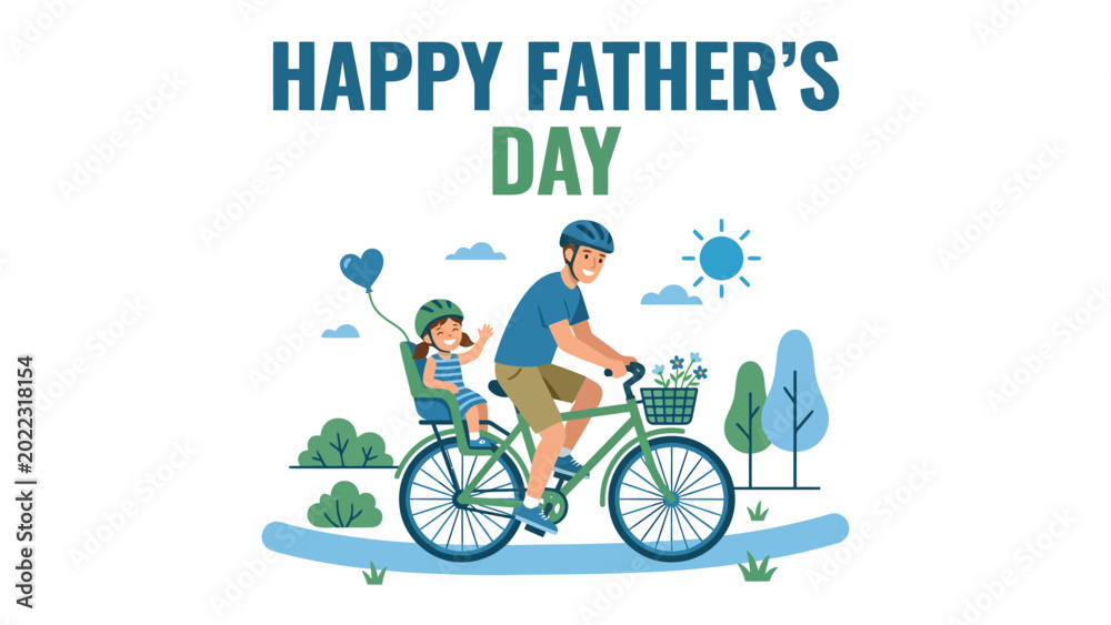 Naklejka premium Happy Father's Day: A cheerful illustration captures the bond between a father and child as they enjoy a bicycle ride together, surrounded by nature and celebrating a special day.