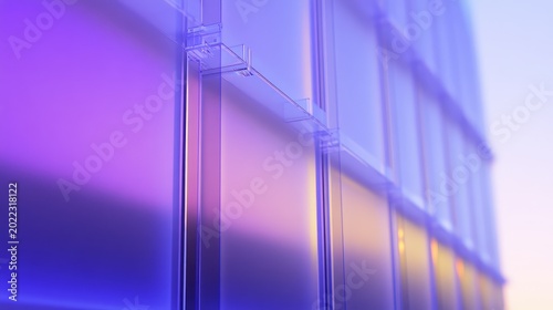 Abstract close up of a contemporary glass curtain wall on a building's exterior, reflecting a vibrant purple and orange sunset glow, creating a futuristic architectural background