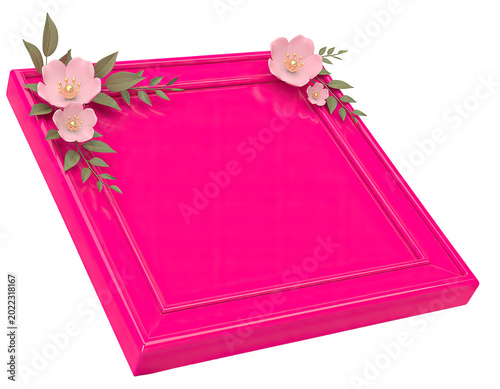 Pink Decorative Frame with Pink Flowers and Green Leaves