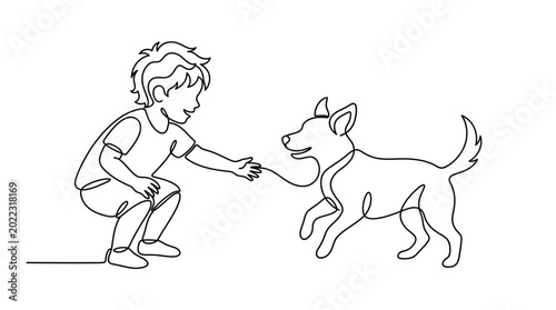 Fényképezés Continuous one line drawing of a boy playing with his dog.