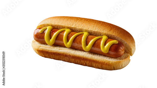 фотографія Isolated hot dog with yellow mustard and grilled frankfurter sausage in toasted