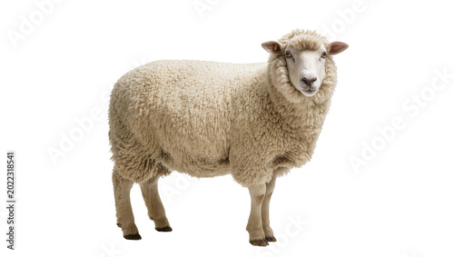 Foto Isolated domestic sheep standing, a mammal with thick wool, farm animal looking