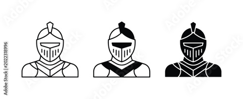 Photography Medieval Knight Armor Icons: Three Styles of Warrior Helmets, Vector Set for His