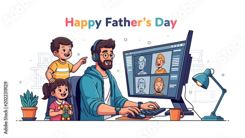 Fotografía Happy Father's Day: A heartwarming depiction of a father working on a computer while his children playfully interact