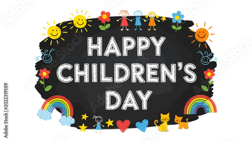 Tableau sur toile Children's Day: A vibrant chalkboard-style design announces Happy Children's Day, a joyous celebration filled with sunshine, rainbows, and delightful illustrations