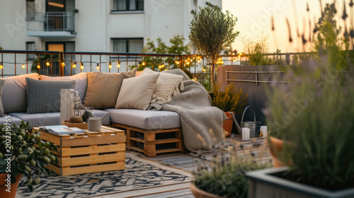 Cozy balcony setup with lights and seating enjoying sunset view over city skyline in evening hours