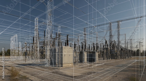High voltage power substation structure overlaying a digital wireframe grid, symbolizing advanced engineering, energy supply, smart grid concepts, and modern electricity distribution