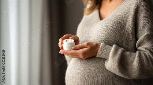 A pregnant woman sits on a bed in a cozy room. She holds a small jar of cream in her hands, looking down at her belly. Soft textures and warm lighting create a homey feel.