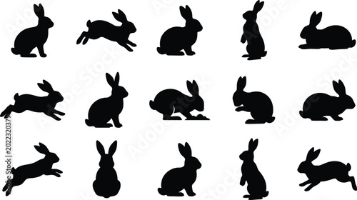 Black silhouettes of rabbits in various poses, running and sitting, on white background