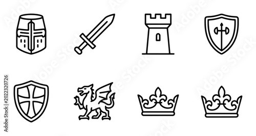 Foto Medieval Icons Set: Knight Helmet, Sword, Castle Tower, Shields, Dragon, Crowns