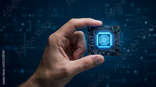 Semiconductor technology concept with hand holding circuit board and glowing microchip in digital background