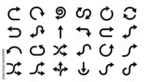 Large set of black curved vector arrow icons featuring u-turns, circular loops, spirals, winding paths, and directional navigation symbols. 