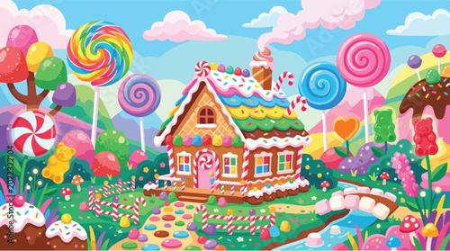 Whimsical candy house, colorful sweets landscape, gingerbread architecture, fantasy illustration
