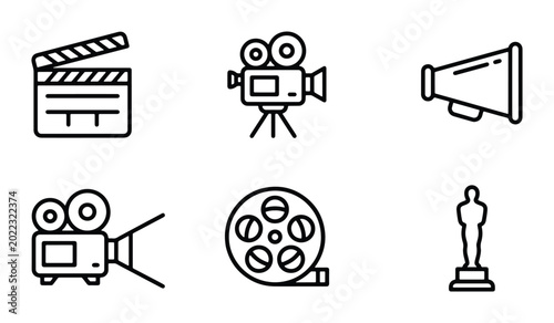 Cinematic Icons Set: Film Production, Movie Camera, Megaphone, Reel, and Award Statue Vector Graphics