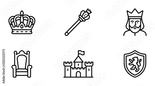 Konstfotografi Royal Icons Set: Crown, Scepter, King, Throne, Castle, Shield Vector Graphics fo