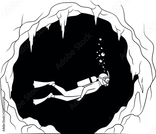 Scuba diver exploring underwater cave, nobody