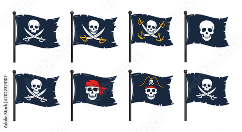 Schilderij op canvas Pirate Flag Illustration Set with Skull, Crossbones, and Jolly Roger Designs for Adventure and Halloween Themes