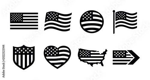 Foto Collection of American flag icons in various creative shapes and styles