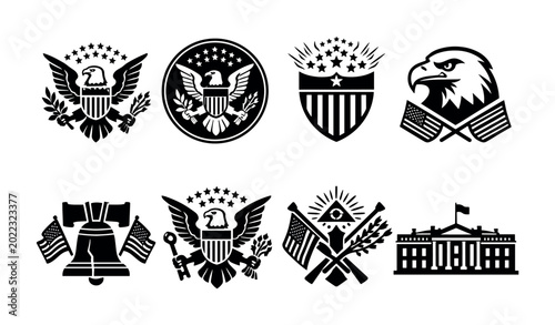 Foto Collection of American patriotic symbols and emblems in black and white