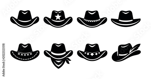 Slika na platnu Collection of diverse cowboy hat silhouettes with decorative elements