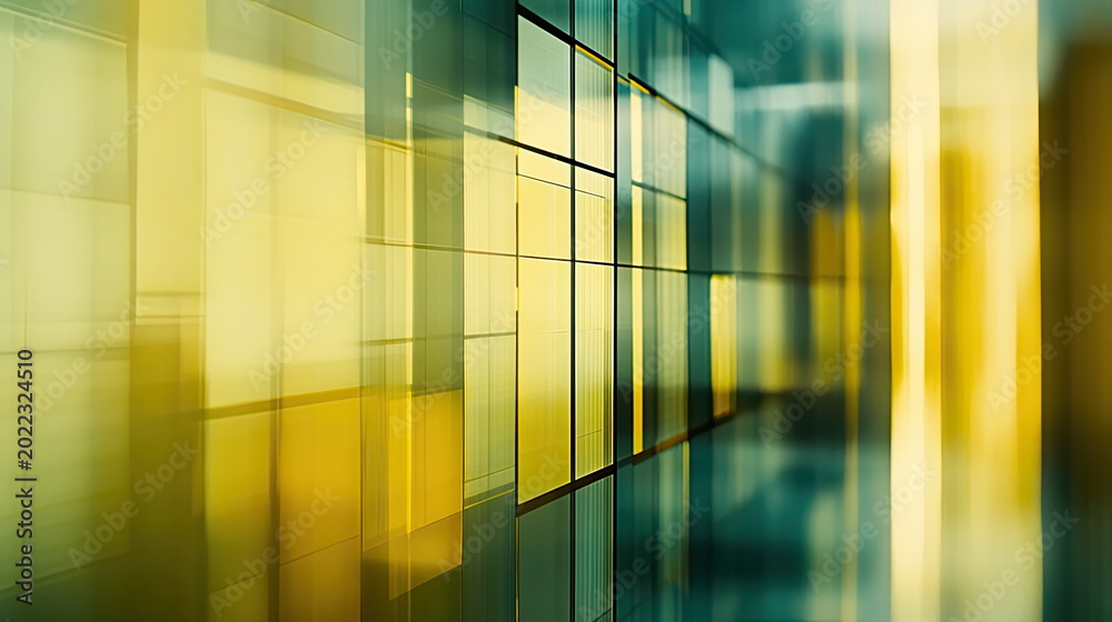 Fototapeta premium Abstract wall featuring geometric glass panels creating a vibrant reflection of green and yellow hues, symbolizing modern architecture, technology, and connection