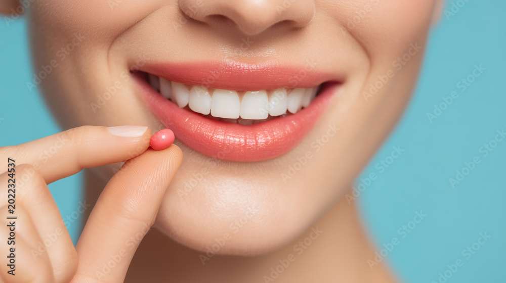 Fototapeta premium Smiling woman holding pink vitamin or supplement pill near healthy white smile, wellness and healthcare concept with copy space.
